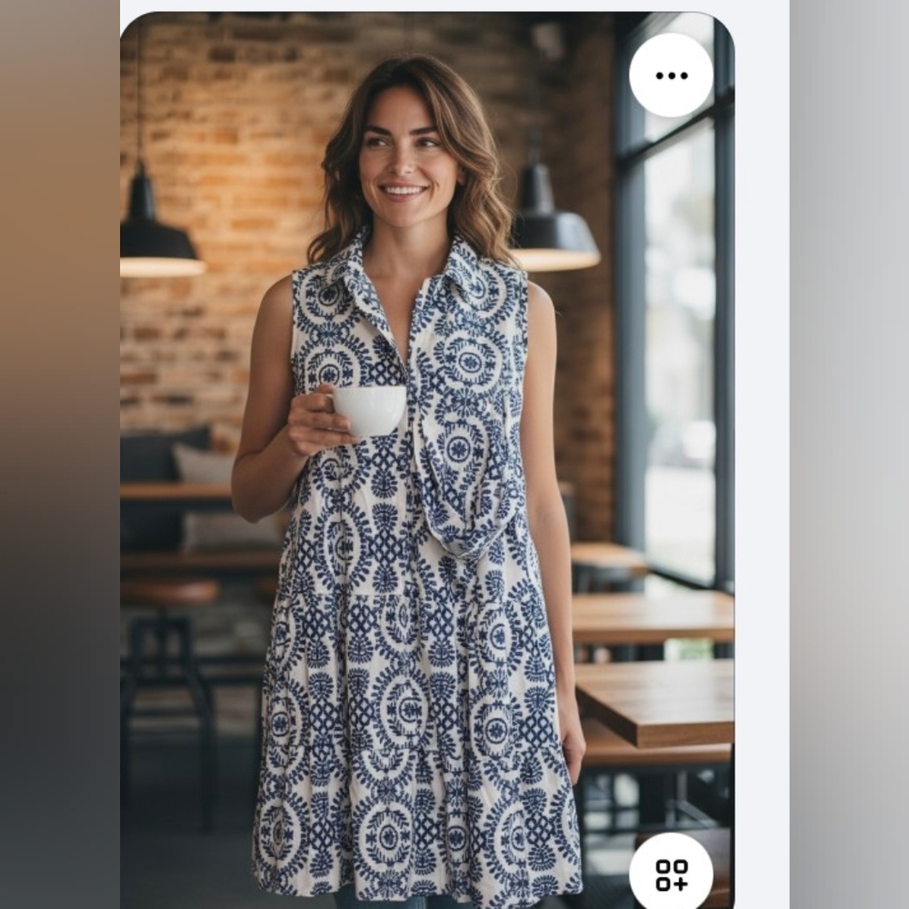 Blue and White Patterned Sleeveless Dress
